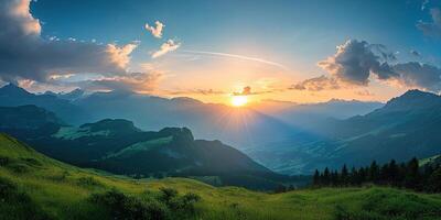 ai generiert schweizerisch Alpen schneebedeckt Berg Angebot mit Täler und Wiesen, Landschaft im Schweiz Landschaft. golden Stunde majestätisch feurig Sonnenuntergang Himmel, Reise Ziel Hintergrund Hintergrund foto