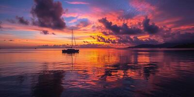 ai generiert ein schwarz Boot Silhouette Segeln im das Meer Meereslandschaft. lila, Rosa, und Orange feurig golden Stunde Sonnenuntergang Abend Himmel im das Horizont. Ozean, Ruhe Wasser Hintergrund Hintergrund foto