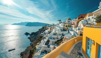 ai generiert Santorini thira Insel im Süd- ägäisch Meer, Griechenland Tageszeit. fira und oia Stadt, Dorf mit Weiß Häuser mit Blick auf Klippen, Strände, und klein Inseln Panorama Hintergrund Hintergrund foto