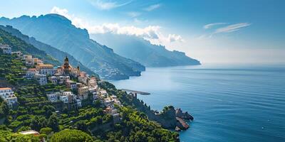 ai generiert Amalfi Küste Küste im Sorrentin Halbinsel, Kampanien Region, Italien. Urlaub Ziel Küste mit Hügel, Strände, und Klippen, Meer Sicht, Blau Himmel Tag Hintergrund Hintergrund foto