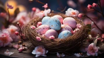 ai generiert Ostern Eier im das Nest warm Farben foto