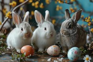 ai generiert drei süß flauschige Hasen Sitzung unter Ostern Eier und Frühling Blumen Gruß Karte Stil foto