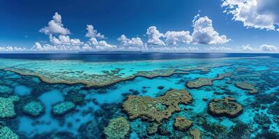 ai generiert großartig Barriere Riff auf das Küste von Queensland, Australien Meereslandschaft. Koralle Meer Marine Ökosystem Hintergrund mit Blau wolkig Himmel im das Tageslicht foto