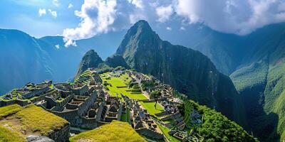 ai generiert historisch Heiligtum von machu Picchu auf ein Berg Grat, östlichen Kordilleren von Süd- Peru. Inka Zitadelle im das Anden Berge, uralt Zivilisation, Natur Panorama Landschaft foto