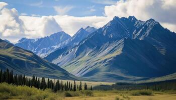 ai generiert schneebedeckt Berge von Alaska, Landschaft mit Wälder, Täler, und Flüsse im Tageszeit. heiter Wildnis Natur Komposition Hintergrund Hintergrund, Reise Ziel, Abenteuer draußen foto