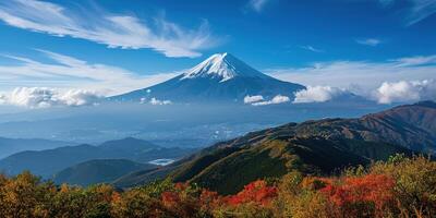 ai generiert mt. Fuji, montieren Fuji-san höchste Vulkan Berg im Tokio, Japan. Schnee gekappt Gipfel, konisch heilig Symbol, Natur Landschaft Hintergrund Hintergrund Hintergrund, Reise Ziel foto