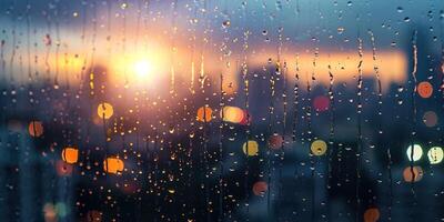 ai generiert regnerisch Fenster mit verschwommen Stadt Beleuchtung im das Hintergrund beim Sonnenuntergang. Bokeh aus von Fokus verwischen, kalt Wetter, melancholisch Stimmung, golden Stunde Sonnenstrahlen, Sehnsucht Konzept Hintergrund foto