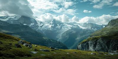 ai generiert schweizerisch Alpen Berg Angebot mit üppig Wald Täler und Wiesen, Landschaft im Schweiz Landschaft. heiter idyllisch Panorama, majestätisch Natur, Entspannung, Ruhe Konzept foto