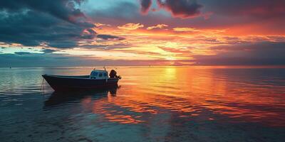 ai generiert ein schwarz Boot Silhouette Segeln im das Meer Meereslandschaft. lila, Rosa, und Orange feurig golden Stunde Sonnenuntergang Abend Himmel im das Horizont. Ozean, Ruhe Wasser Hintergrund Hintergrund foto