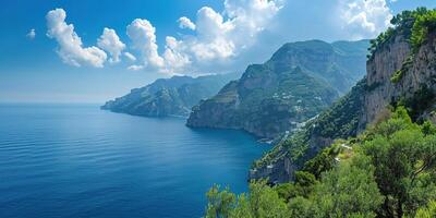 ai generiert Amalfi Küste Küste im Sorrentin Halbinsel, Kampanien Region, Italien. Urlaub Ziel Küste mit Hügel, Strände, und Klippen, Meer Sicht, Blau Himmel Tag Hintergrund Hintergrund foto