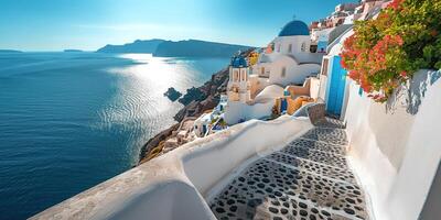 ai generiert Santorini thira Insel im Süd- ägäisch Meer, Griechenland Tageszeit. fira und oia Stadt, Dorf mit Weiß Häuser mit Blick auf Klippen, Strände, und klein Inseln Panorama Hintergrund Hintergrund foto