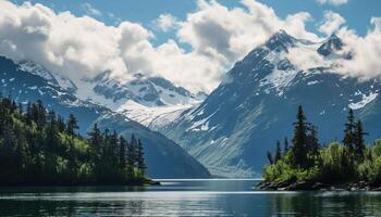 ai generiert schneebedeckt Berge von Alaska, Landschaft mit Wälder, Täler, und Flüsse im Tageszeit. heiter Wildnis Natur Komposition Hintergrund Hintergrund, Reise Ziel, Abenteuer draußen foto