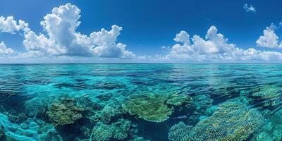 ai generiert großartig Barriere Riff auf das Küste von Queensland, Australien Meereslandschaft. Koralle Meer Marine Ökosystem Hintergrund mit Blau wolkig Himmel im das Tageslicht foto