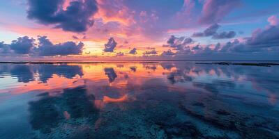 ai generiert Ruhe Meer Sonnenuntergang Landschaft. lila, Rosa, Orange feurig golden Stunde Abend Himmel im das Horizont. Achtsamkeit, Meditation, Ruhe, Gelassenheit, Entspannung Konzept Hintergrund Hintergrund foto