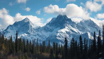 ai generiert schneebedeckt Berge von Alaska, Landschaft mit Wälder, Täler, und Flüsse im Tageszeit. heiter Wildnis Natur Komposition Hintergrund Hintergrund, Reise Ziel, Abenteuer draußen foto