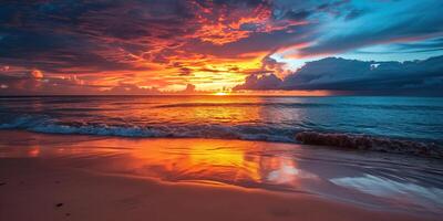 ai generiert Ruhe Meer Sonnenuntergang Landschaft. lila, Rosa, Orange feurig golden Stunde Abend Himmel im das Horizont. Achtsamkeit, Meditation, Ruhe, Gelassenheit, Entspannung Konzept Hintergrund Hintergrund foto