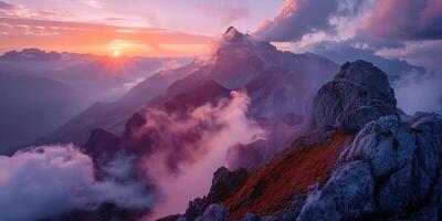 ai generiert schweizerisch Alpen schneebedeckt Berg Angebot mit Täler und Wiesen, Landschaft im Schweiz Landschaft. golden Stunde majestätisch feurig Sonnenuntergang Himmel, Reise Ziel Hintergrund Hintergrund foto