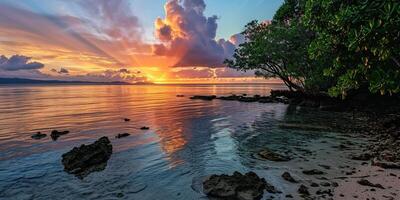 ai generiert großartig Barriere Riff auf das Küste von Queensland, Australien felsig Strand Meereslandschaft. Felsen und Kiesel, lila und Orange golden Stunde Sonnenuntergang Abend Himmel Horizont Meer Hintergrund Hintergrund foto