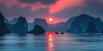 ai generiert Ha lange Bucht, Halong Bucht Welt Erbe Grundstück, Kalkstein Inseln, Smaragd Wasser mit Boote im Provinz, Vietnam. Sonnenuntergang, Reise Ziel, natürlich Wunder Landschaft Hintergrund Hintergrund foto