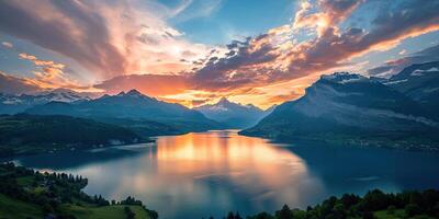 ai generiert schweizerisch Alpen schneebedeckt Berg Angebot mit Täler und Wiesen, Landschaft im Schweiz Landschaft. golden Stunde majestätisch feurig Sonnenuntergang Himmel, Reise Ziel Hintergrund Hintergrund foto