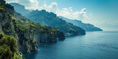 ai generiert Amalfi Küste Küste im Sorrentin Halbinsel, Kampanien Region, Italien. Urlaub Ziel Küste mit Hügel, Strände, und Klippen, Meer Sicht, Blau Himmel Tag Hintergrund Hintergrund foto