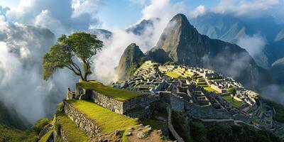 ai generiert historisch Heiligtum von machu Picchu auf ein Berg Grat, östlichen Kordilleren von Süd- Peru. Inka Zitadelle im das Anden Berge, uralt Zivilisation, Natur Panorama Landschaft foto