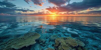 ai generiert großartig Barriere Riff auf das Küste von Queensland, Australien Meereslandschaft. Koralle Meer Marine Ökosystem Hintergrund Hintergrund beim Sonnenuntergang, mit ein Orange lila Himmel im das Abend golden Stunde foto