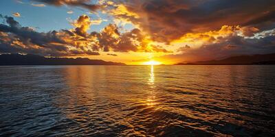 ai generiert Ruhe Meer Sonnenuntergang Landschaft. lila, Rosa, Orange feurig golden Stunde Abend Himmel im das Horizont. Achtsamkeit, Meditation, Ruhe, Gelassenheit, Entspannung Konzept Hintergrund Hintergrund foto