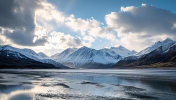 ai generiert schneebedeckt Berge von Alaska, Landschaft mit Wälder, Täler, und Flüsse im Tageszeit. atemberaubend Natur Komposition Hintergrund Hintergrund, Reise Ziel, Abenteuer draußen foto