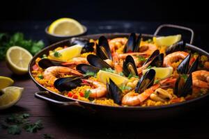 ai generiert köstlich Spanisch Paella Hervorheben Muscheln und Garnelen. foto