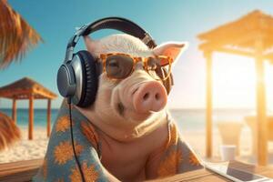 ai generiert Arbeiten Schwein auf das Strand mit Sonnenbrille und Kopfhörer foto