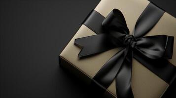 ai generiert Luxus Geschenk Box mit schwarz Bogen auf schwarz Hintergrund foto