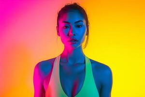 ai generiert ein Fitness Blogger Stehen im isoliert minimalistisch Farbe Hintergrund dynamisch fluoreszierend Beleuchtung foto