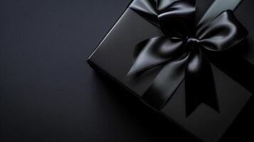 ai generiert Luxus Geschenk Box mit schwarz Bogen auf schwarz Hintergrund foto