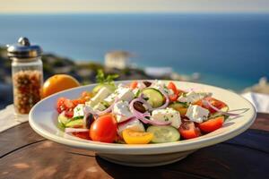 ai generiert griechisch Salat mit Tomaten, Gurken, Weiß Feta Käse, Oliven und das Meer im das Hintergrund foto