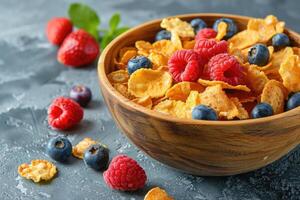 ai generiert Cornflakes mit frisch Beeren im Schüssel foto