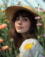 ai generiert ein Frau tragen Stroh Hut im Blume Garten foto