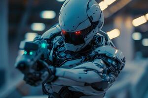 ai generiert ein Roboter Soldat im fortgeschritten Kampf Kleidung mit glatt Rüstung integriert Technologie foto