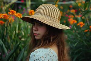 ai generiert ein Frau tragen Stroh Hut im Blume Garten foto