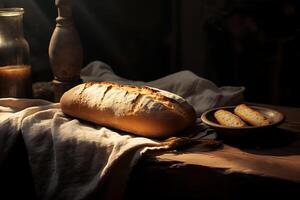 ai generiert anders Typen von Brot. Bäckerei Konzept. Vielfalt von Brot schließen hoch. Sortiment von gebacken Brot auf hölzern Hintergrund. Gluten kostenlos Brot auf hölzern Hintergrund. foto