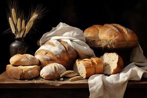 ai generiert anders Typen von Brot. Bäckerei Konzept. Vielfalt von Brot schließen hoch. Sortiment von gebacken Brot auf hölzern Hintergrund. Gluten kostenlos Brot auf hölzern Hintergrund. foto