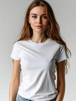 ai generiert Attrappe, Lehrmodell, Simulation zum Design. Frau im Weiß T-Shirt im Vorderseite. foto