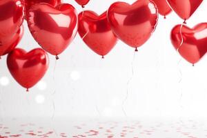 ai generiert stilvoll rot metallisch Valentinstag Herz Luftballons auf ein einfach Weiß Grafik Hintergrund Valentinsgrüße Tag romantisch Bokeh Sanft Beleuchtung foto