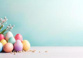 ai generiert bunt Ostern Eier und Blumen auf ein Blau Hintergrund foto