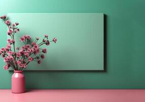 ai generiert Rosa Vase mit Blumen auf ein Grün Mauer foto