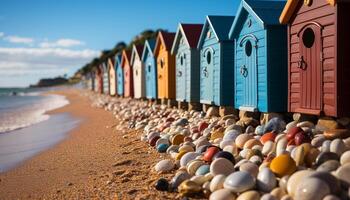 ai generiert beschwingt Farben von Strand Hütten im ein Reihe generiert durch ai foto