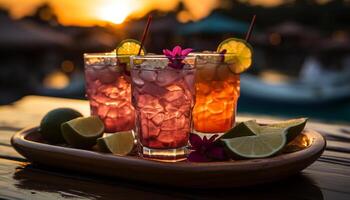 ai generiert erfrischend Cocktail auf hölzern Tisch, genießen Sommer- Sonnenuntergang generiert durch ai foto
