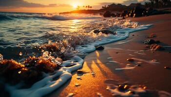 ai generiert Sonnenuntergang Über Wasser, Wellen Absturz auf sandig Küste generiert durch ai foto