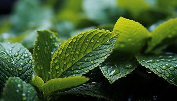 ai generiert frisch Grün Blatt mit Tautropfen, Natur beschwingt Schönheit generiert durch ai foto