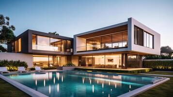 ai generiert ein modern, luxuriös Haus mit groß Glas Fenster, zündete Innenräume, und ein still Schwimmbad im das Vordergrund während das Abend foto